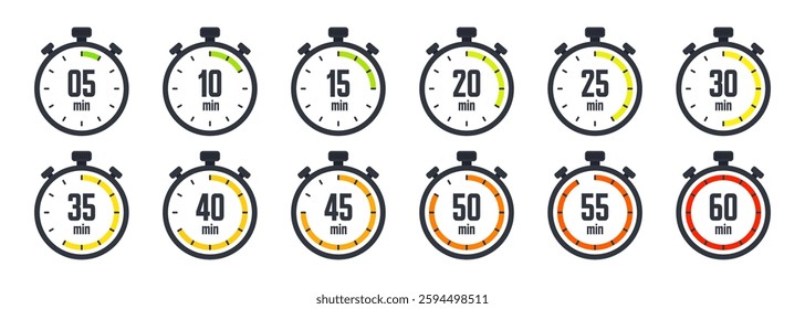 Stopwatch icons. Colorful simple chronometer, time counter with dial. Countdown timer showing hours and minutes. Deadline, measurement for sport. Cooking time label, sticker. Vector illustration