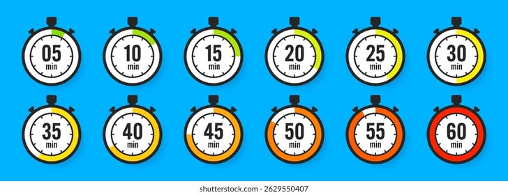Stopwatch icons. Colorful simple chronometer, time counter with dial. Countdown timer showing hours and minutes. Deadline, measurement for sport. Cooking time label, sticker. Vector illustration