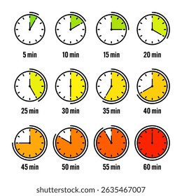 Stopwatch icons. Colorful simple chronometer, time counter with dial. Countdown timer showing hours and minutes. Deadline, measurement for sport. Cooking time label, sticker. Vector illustration