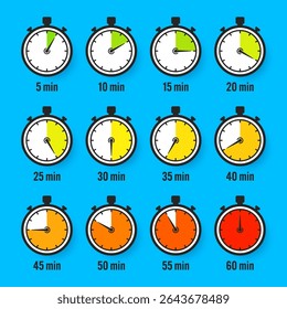 Stopwatch icons. Colorful simple chronometer, time counter with dial. Countdown timer showing hours and minutes. Deadline, measurement for sport. Cooking time label, sticker. Vector illustration