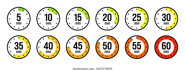 Stopwatch icons. Colorful simple chronometer, time counter with dial. Countdown timer showing hours and minutes. Deadline, measurement for sport. Cooking time label, sticker. Vector illustration