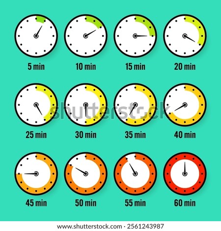 Stopwatch icons. Colorful simple chronometer, time counter with dial. Countdown timer showing hours and minutes. Deadline, measurement for sport. Cooking time label, sticker. Vector illustration