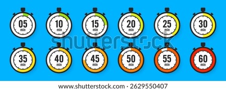 Stopwatch icons. Colorful simple chronometer, time counter with dial. Countdown timer showing hours and minutes. Deadline, measurement for sport. Cooking time label, sticker. Vector illustration