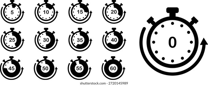 Stopwatch icons display progressive time measurement intervals from five to sixty seconds alongside a zero reset symbol all rendered in a clear black and white silhouette style suitable for any graphic design need.