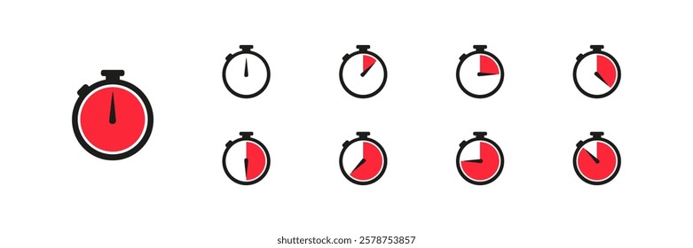 Stopwatch icons displaying different elapsed times with red segments. Clock and timer set sing symbol. Isolated vector