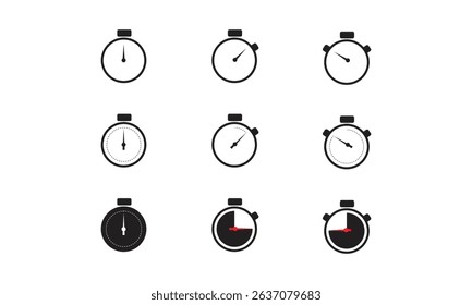 Stopwatch Icons Free Download. This image showcases a sequence of stopwatch icons illustrating the progression of time through minimalistic and modern design.