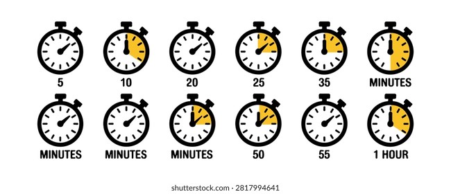 Stopwatch icons marking minutes five ten twenty five thirty five fifty fifty five and hour.