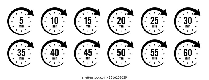 Stoppuhrsymbole mit Zeigerpfeil. Chronometer, Zeitzähler mit Zifferblatt. Countdown, Stunden und Minuten. Frist, Sportmessung. Kochzeitschild, Aufkleber. Vektorgrafik