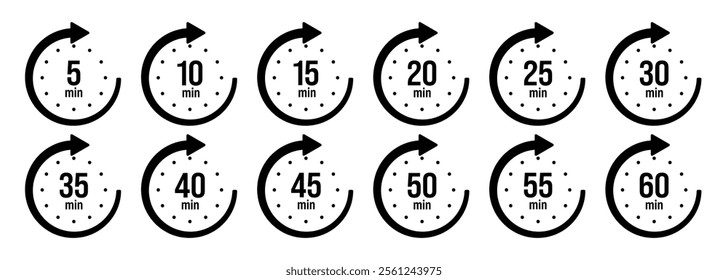 Stopwatch icons with pointer arrow. Chronometer, time counter with dial. Countdown time, hours and minutes. Deadline, sport measurement. Cooking time label, sticker. Vector illustration