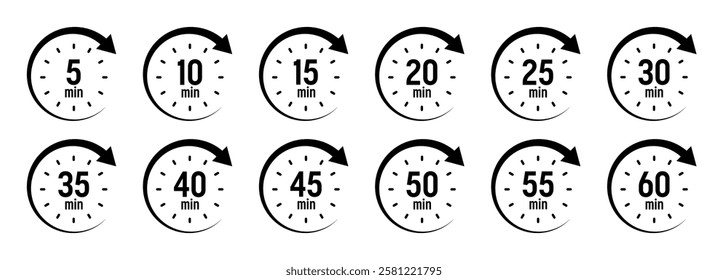 Stopwatch icons with pointer arrow. Chronometer, time counter with dial. Countdown time, hours and minutes. Deadline, sport measurement. Cooking time label, sticker. Vector illustration