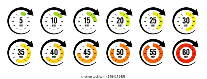 Stopwatch icons with pointer arrow. Colorful chronometer, time counter with dial. Countdown time, hours and minutes. Deadline, sport measurement. Cooking time label, sticker. Vector illustration