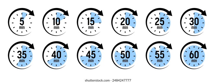 Stopwatch icons with pointer arrow. Colorful chronometer, time counter with dial. Countdown time, hours and minutes. Deadline, sport measurement. Cooking time label, sticker. Vector illustration