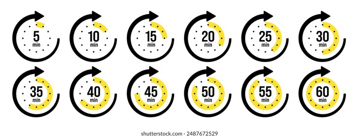 Stopwatch icons with pointer arrow. Colorful chronometer, time counter with dial. Countdown time, hours and minutes. Deadline, sport measurement. Cooking time label, sticker. Vector illustration