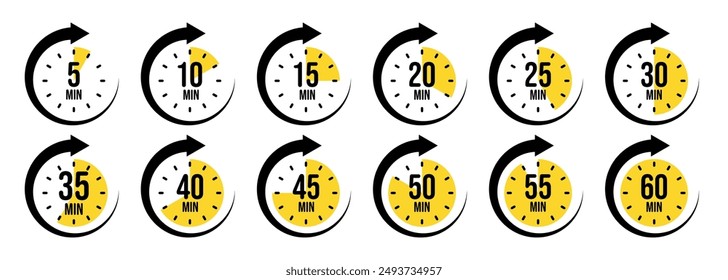 Stopwatch icons with pointer arrow. Colorful chronometer, time counter with dial. Countdown time, hours and minutes. Deadline, sport measurement. Cooking time label, sticker. Vector illustration