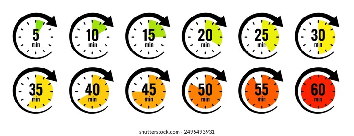 Stopwatch icons with pointer arrow. Colorful chronometer, time counter with dial. Countdown time, hours and minutes. Deadline, sport measurement. Cooking time label, sticker. Vector illustration.