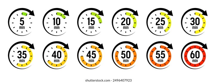 Stopwatch icons with pointer arrow. Colorful chronometer, time counter with dial. Countdown time, hours and minutes. Deadline, sport measurement. Cooking time label, sticker. Vector illustration