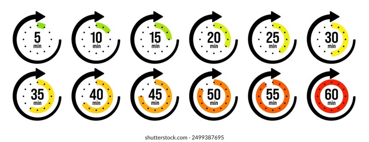 Stopwatch icons with pointer arrow. Colorful chronometer, time counter with dial. Countdown time, hours and minutes. Deadline, sport measurement. Cooking time label, sticker. Vector illustration