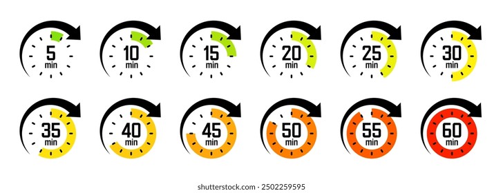 Stoppuhrsymbole mit Zeigerpfeil. Farbiger Chronometer, Zeitzähler mit Zifferblatt. Countdown, Stunden und Minuten. Frist, Sportmessung. Kochzeitschild, Aufkleber. Vektorgrafik