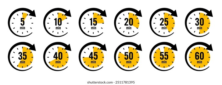 Stopwatch icons with pointer arrow. Colorful chronometer, time counter with dial. Countdown time, hours and minutes. Deadline, sport measurement. Cooking time label, sticker. Vector illustration