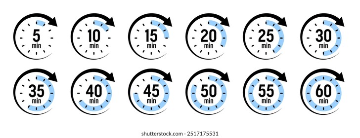 Iconos de cronómetro con flecha de puntero. Cronómetro colorido, contador de tiempo con dial. Tiempo de cuenta atrás, horas y minutos. Fecha límite, medición deportiva. Etiqueta de tiempo de cocción, pegatina. Ilustración vectorial