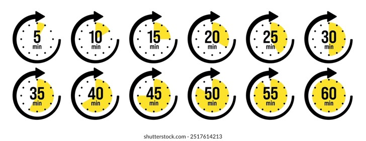 Stopwatch icons with pointer arrow. Colorful chronometer, time counter with dial. Countdown time, hours and minutes. Deadline, sport measurement. Cooking time label, sticker. Vector illustration