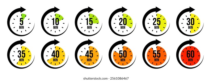 Stopwatch icons with pointer arrow. Colorful chronometer, time counter with dial. Countdown time, hours and minutes. Deadline, sport measurement. Cooking time label, sticker. Vector illustration