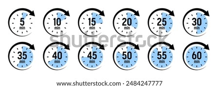 Stopwatch icons with pointer arrow. Colorful chronometer, time counter with dial. Countdown time, hours and minutes. Deadline, sport measurement. Cooking time label, sticker. Vector illustration