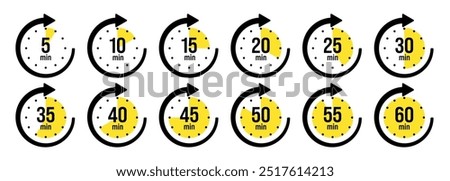 Stopwatch icons with pointer arrow. Colorful chronometer, time counter with dial. Countdown time, hours and minutes. Deadline, sport measurement. Cooking time label, sticker. Vector illustration