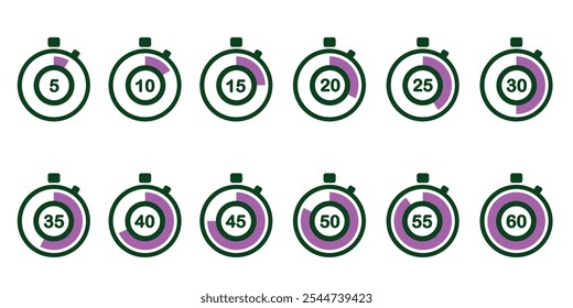 Ícones de cronômetro com segmentos vermelhos representando intervalos de 5 a 60 segundos. Temporizadores visuais de contagem regressiva para referência rápida.