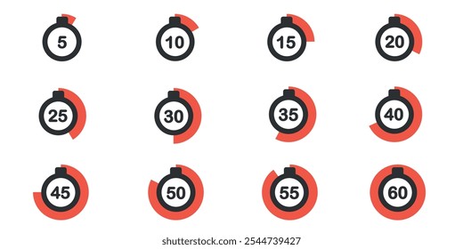 Ícones de cronômetro com segmentos vermelhos representando intervalos de 5 a 60 segundos. Temporizadores visuais de contagem regressiva para referência rápida.