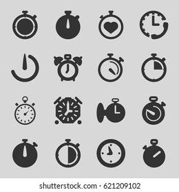 Stopwatch icons set. set of 16 stopwatch filled icons such as clock
