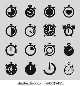 Stopwatch icons set. set of 16 stopwatch filled icons such as
