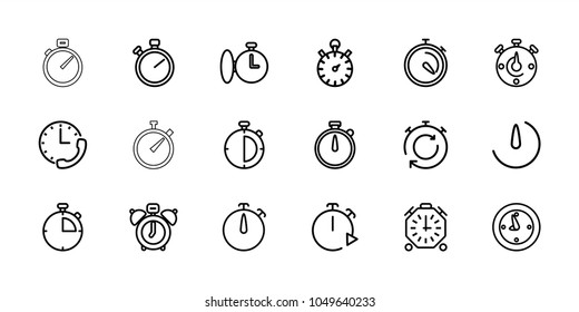 Stopwatch icons. set of 18 editable outline stopwatch icons: clock alarm