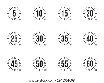 Stopwatch icons set 5, 10, 15, 20, 25, 30, 35, 40, 45, 50, 55 and 60 seconds.