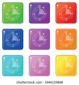 Stopwatch icons set 9 color collection isolated on white for any design