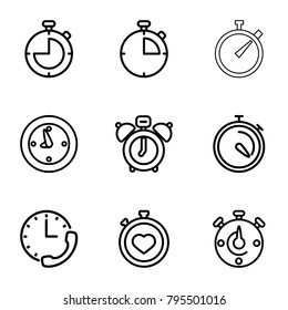 Stopwatch icons. set of 9 editable outline stopwatch icons such as clock alarm, stopwatch