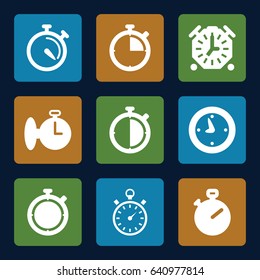 Stopwatch icons set. set of 9 stopwatch filled icons such as stopwatch