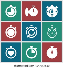 Stopwatch icons set. set of 9 stopwatch filled icons such as