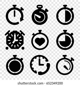 Stopwatch icons set. set of 9 stopwatch filled icons such as