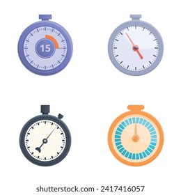 Los iconos de Stopwatch configuran el vector de dibujos animados. Varios tipos de cronómetro. Medición del tiempo para el deporte