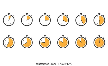 Stopwatch Icons. Set Of Clock Timer In Flat Design In Orange. Counter Watch With Second Arrow. Yellow Stopwatch Chronometer. Speed Measure Tool. Countdown From 5 To 60 Seconds. Vector EPS 10.