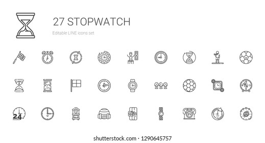 stopwatch icons set. Collection of stopwatch with hours, watch, sport, clock, time, football, racing, hourglass, timer, exercise. Editable and scalable stopwatch icons.