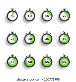 Stopwatch icons set with diagonal shadows, flat design, vector eps10 illustration