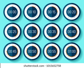 Stopwatch icons set in flat style, timer on blue background. Sport clock. From 0 to 1 minute. Vector design element for you project