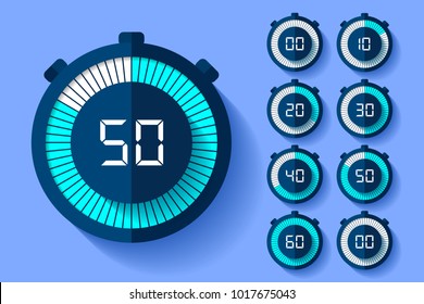 Stopwatch icons set in flat style, timers on color background. Sport clock. Vector design element for your business project