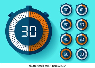 Stopwatch icons set in flat style, timers on color background. Sport clock. Vector design element for you business project