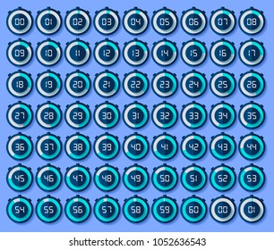 Stopwatch icons set in flat style, timers on color background. From 0 to 60. Sport clock. Vector design element for you business project