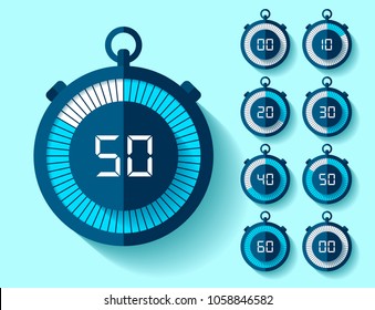 Stopwatch icons set in flat style from 0 to 60, timers on blue background. Sport speed clock. Vector design element for you business project