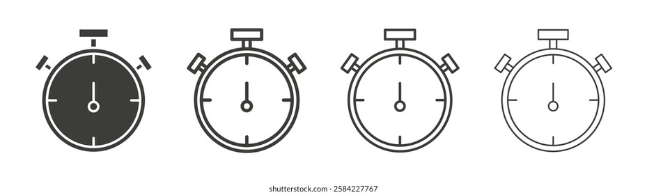 Stopwatch icons set. Liner outlined and flat black color