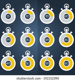 Stopwatch icons set on dark background. Vector illustration 